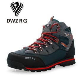 DWZRG Men Hiking Shoes Waterproof Leather Shoes Climbing & Fishing Shoes New Popular Outdoor Shoes Men High Top Winter Boots (Color: Dark Blue Red, size: 47)