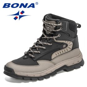 BONA 2022 New Designers High-Top Hiking Boots Men Action Leather Outdoor Wear-Resistant Non-Slip Snow Shoes Man Ankle Boots Soft (Color: Medium grey black, size: 10.5)