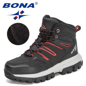 BONA 2022 New Designers Action Leather Brand Winter Warm Snow Boots Men Plush High Quality Hiking Boots Man Outdoor Footwear (Color: Charcoal grey red, size: 9)