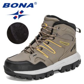 BONA 2022 New Designers Action Leather Brand Winter Warm Snow Boots Men Plush High Quality Hiking Boots Man Outdoor Footwear (Color: Medium gray black, size: 10.5)