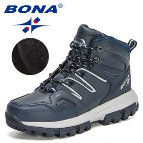 BONA 2022 New Designers Action Leather Brand Winter Warm Snow Boots Men Plush High Quality Hiking Boots Man Outdoor Footwear (Color: Deep blue S gray, size: 10.5)