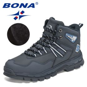 BONA 2022 New Designers Action Leather Plush Hiking Boots High Top Walking Shoes Men Work Mountain Sport Ankle Boots Mansculino (Color: Deep blue S gray, size: 9)