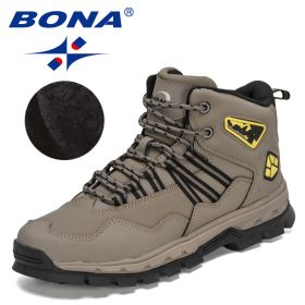 BONA 2022 New Designers Action Leather Plush Hiking Boots High Top Walking Shoes Men Work Mountain Sport Ankle Boots Mansculino (Color: Medium grey black, size: 10)