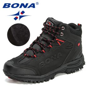 BONA 2022 New Designers Popular Hiking Boots Men Snow Warm Sneakers Man Padded Trekking Winter Action Leather High Top Footwear (Color: Charcoal grey red, size: 8.5)