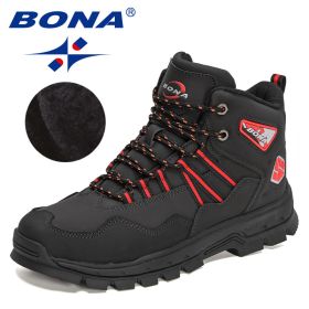 BONA 2022 New Designers Action Leather Plush Hiking Boots High Top Walking Shoes Men Work Mountain Sport Ankle Boots Mansculino (Color: Charcoal grey red, size: 8.5)