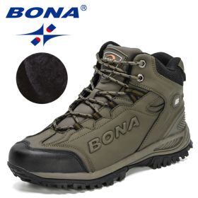 BONA 2022 New Designers Popular Hiking Boots Men Snow Warm Sneakers Man Padded Trekking Winter Action Leather High Top Footwear (Color: Army green S gray, size: 9)