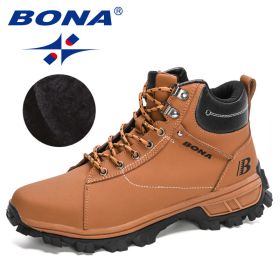 BONA 2022 NewDesigners Nubuck Sports Tactical Boots Men Hiking Mountain Shoes High Top Plush Tactical Footwear Masculino Comfy (Color: Light brown black, size: 8.5)