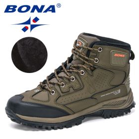 BONA 2022 New Designers Nubuck Hiking Shoes Men Non-Slip Outdoor Wear-Resistant Trekking Footwear Man High Top Plush Snow Boots (Color: Army green S gray, size: 10.5)