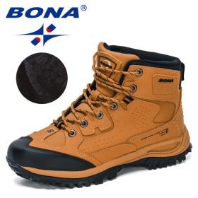 BONA 2022 New Designers Nubuck Hiking Shoes Men Non-Slip Outdoor Wear-Resistant Trekking Footwear Man High Top Plush Snow Boots (Color: Earth yellow black, size: 10)