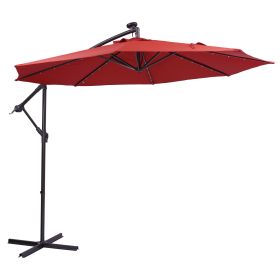 10 FT Solar LED Patio Outdoor Umbrella Hanging Cantilever Umbrella Offset Umbrella Easy Open Adustment with 32 LED Lights (Color: Red)